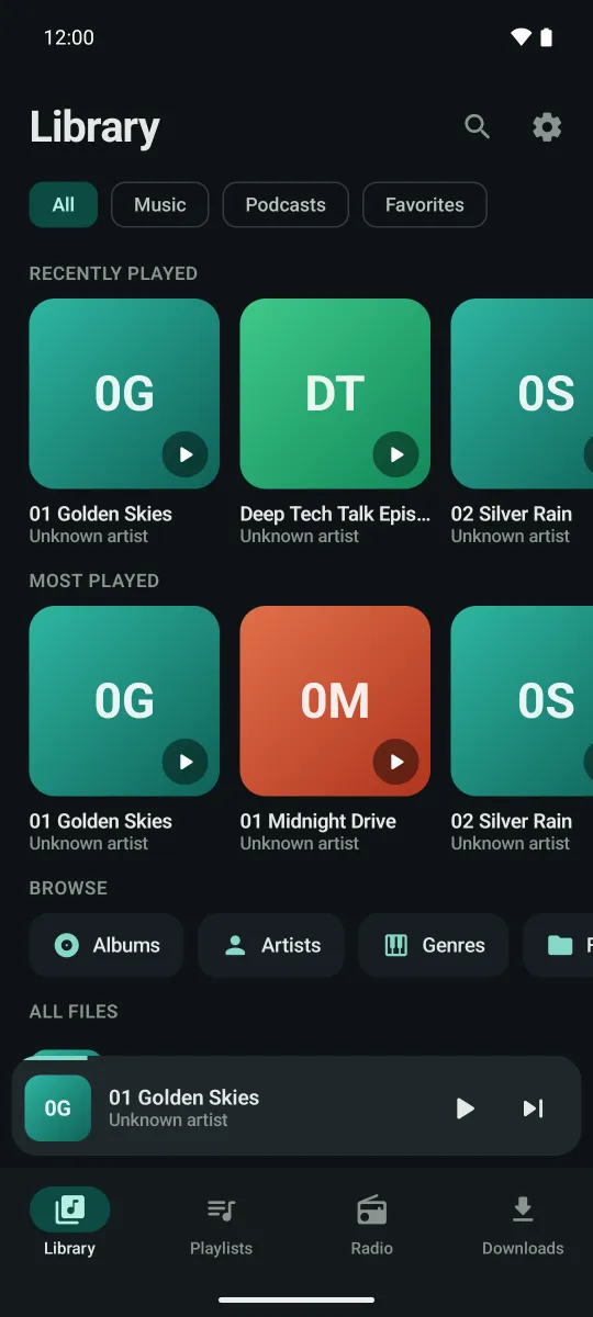 Aurails music library with recently played albums and browse filters