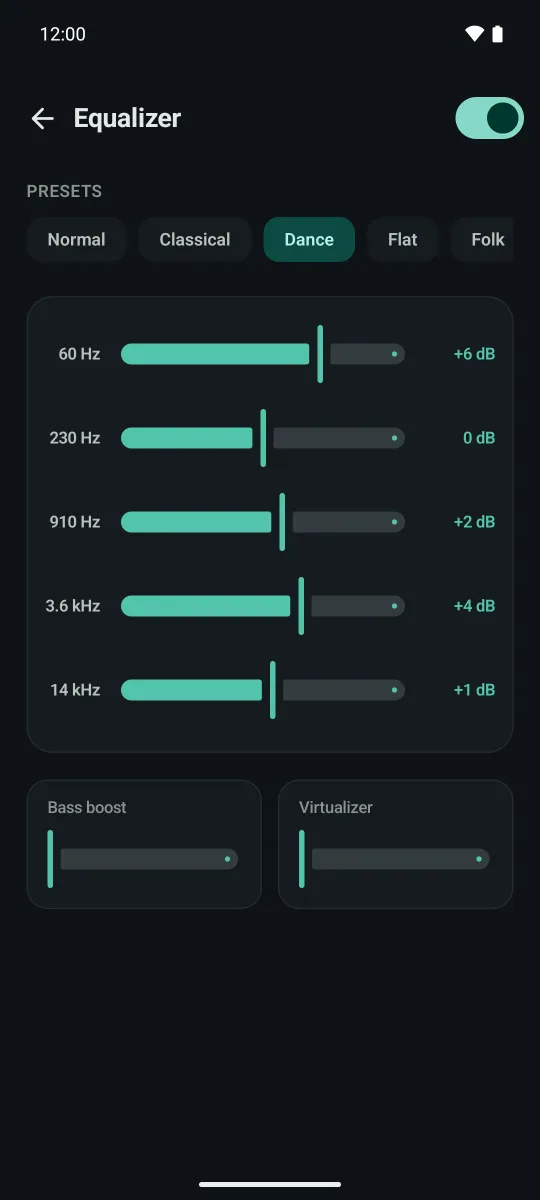 Aurails equalizer with band sliders, presets, bass boost and virtualizer