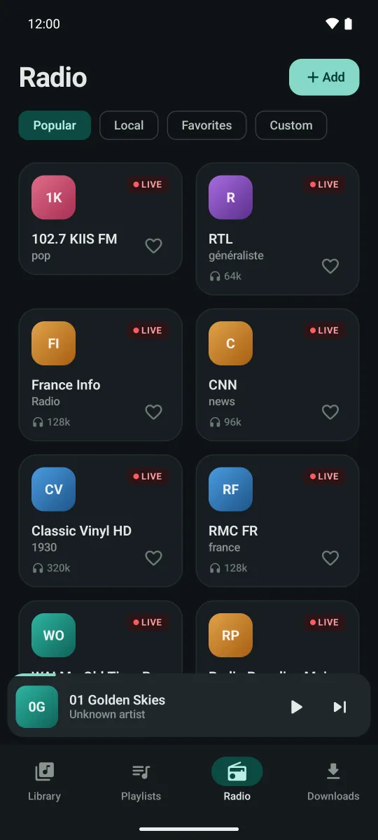 Aurails radio directory listing live stations with Popular, Local and Favorites tabs