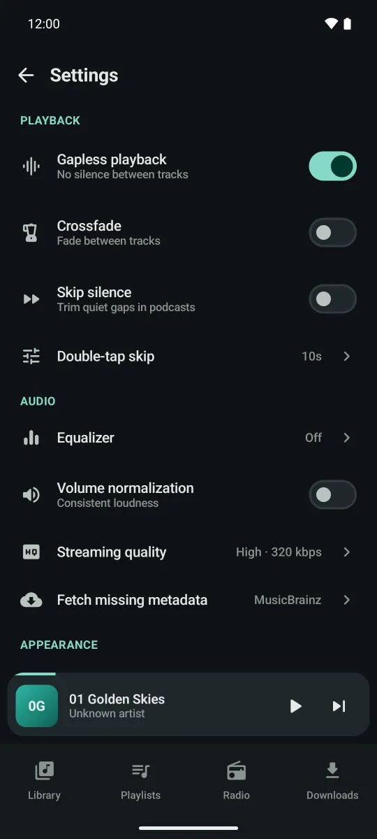 Settings screen