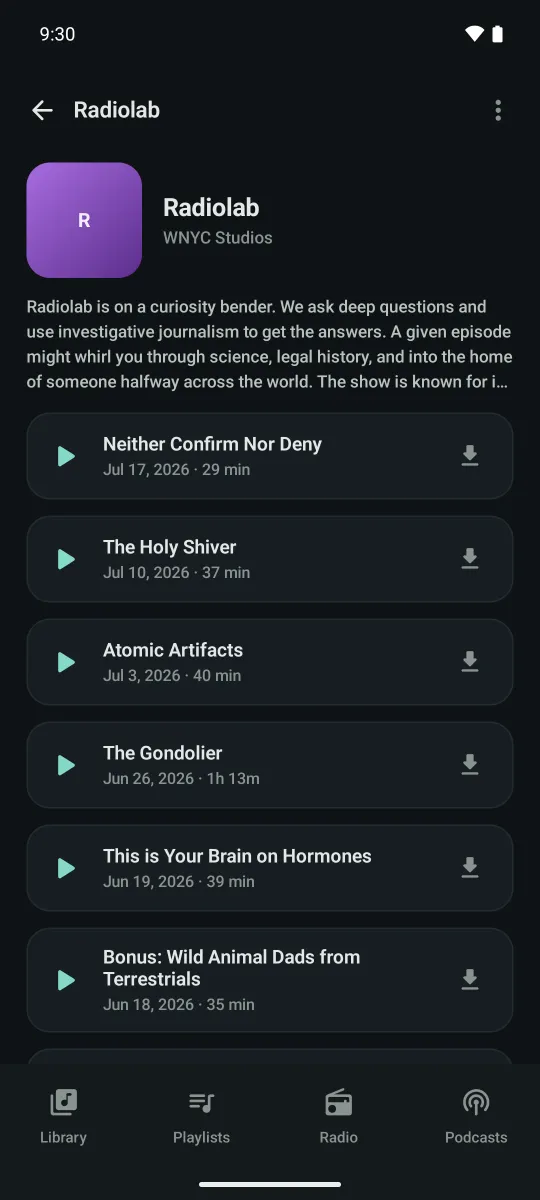 Aurails podcast episode list with download and play buttons
